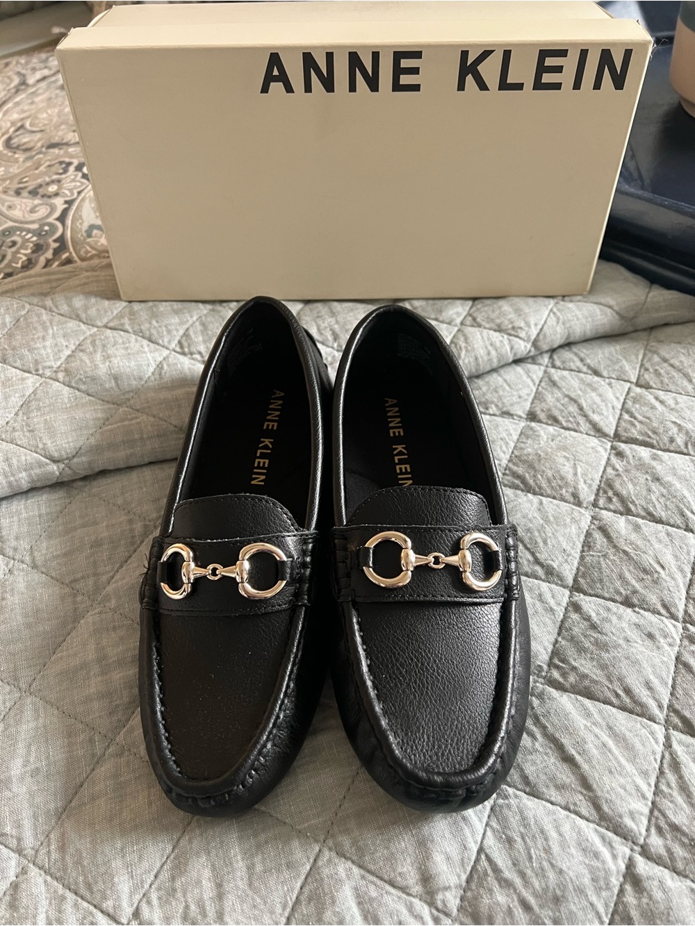 Anne Klein Akchrystie Black Slip-On Loafers with Silver Bit. NIB